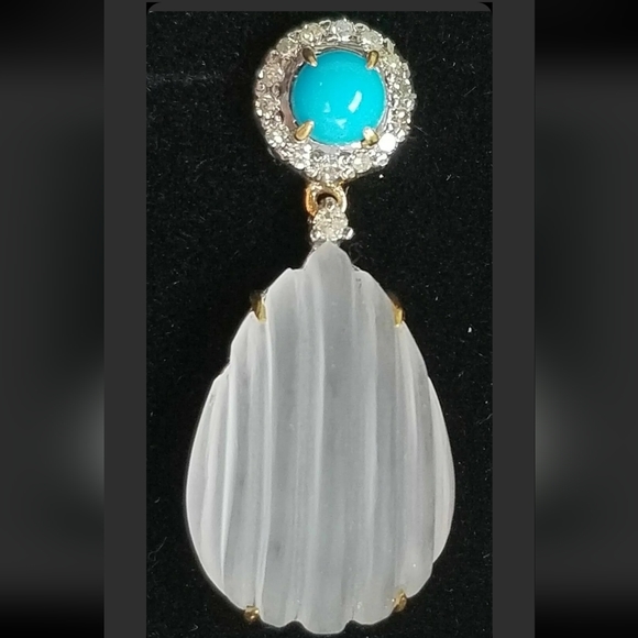 Earrings 14k Gold Diamond Turquoise Rock Crystal Quartz Drop- Estate Jewelry 7g - Picture 7 of 12